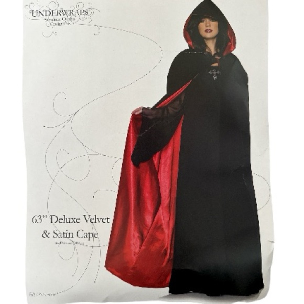 Deluxe velvet satin cape 63” Black and red. 
Vampire cape.